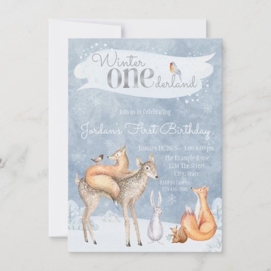 ウッドランドウィンターワンダーランドの最初の誕生日パーティー 招待状 (正面)