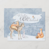 ウッドランドウィンターワンダーランドの最初の誕生日パーティー 招待状 (正面/裏面)