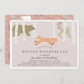 ウッドランドウィンターワンダーランドピンクガール誕生日 招待状 (正面/裏面)