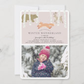ウッドランドウィンターワンダーランドピンク誕生日 招待状 (正面)