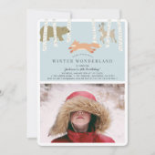 ウッドランドウィンターワンダーランドブルーフォト誕生日 招待状 (正面)