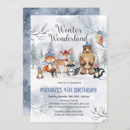 ウッドランドウィンターワンダーランド誕生日ボーイ招待状 招待状 (正面/裏面)