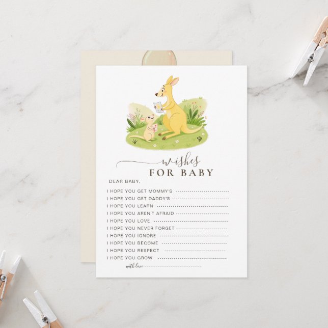ウッドランドウォーターカラーカンガルーの赤ちゃんへの願いカード (正面/裏面インサイチュ)