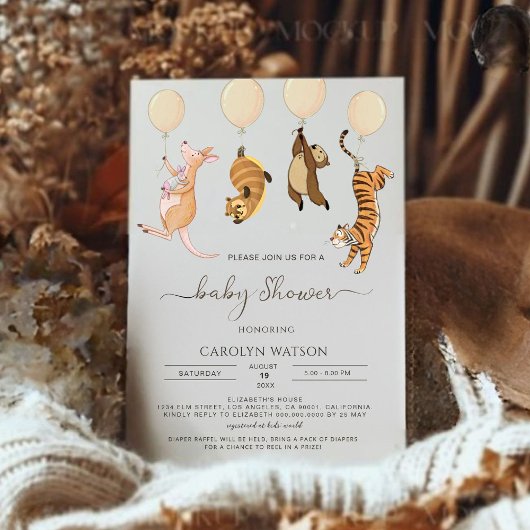 ウッドランドウォーターカラーカンガルー赤ちゃんシャワー 招待状