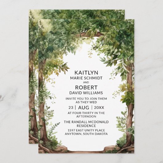 ウッドランドウォーターカラーガーデンアーチバックヤード結婚ズ 招待状 (正面/裏面)