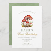 ウッドランドウォーターカラーキノコ秋の1歳の誕生日 招待状 (正面/裏面)