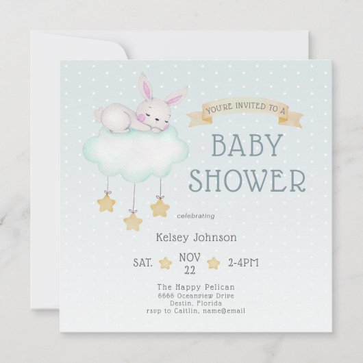 ウッドランドウォーターカラーバニーライトティール(緑がかった色)ベビーシャワー 招待状 (正面)