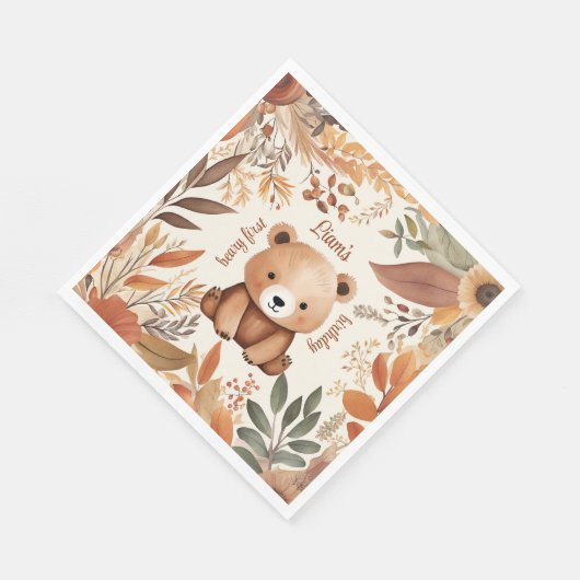 ウッドランドウォーターカラーファースト誕生日ベビーベア秋 スタンダードランチョンナプキン (角)