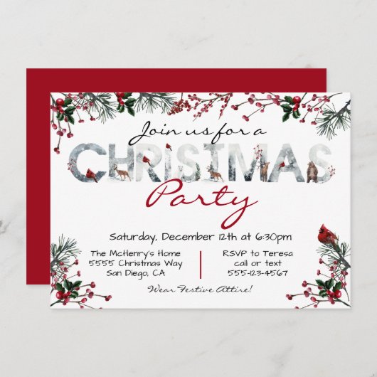 ウッドランドウォーターカラーフォレストクリスマスパーティー 招待状 (正面/裏面)