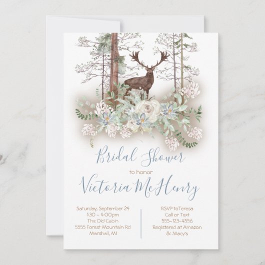 ウッドランドウォーターカラーフォレストディアブライダルシャワー 招待状 (正面)