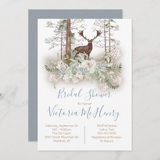 ウッドランドウォーターカラーフォレストディアブライダルシャワー 招待状 (正面/裏面)