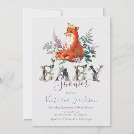 ウッドランドウォーターカラーフォレストフォックスベビーシャワー 招待状 (正面)