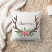 ウッドランドウォーターカラーフローラバラディアバック〔雄ジカの〕枝角 クッション (ブランケット)