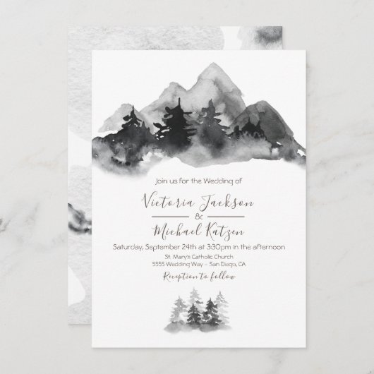 ウッドランドウォーターカラーマウンテン結婚式招待状 招待状 (正面/裏面)