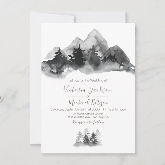 ウッドランドウォーターカラーマウンテン結婚式招待状 招待状 (正面)