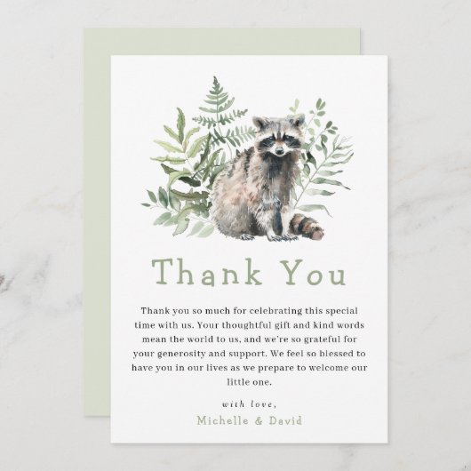 ウッドランドウォーターカラーラクーンベイビーシャワーありがとう サンキューカード (正面/裏面)