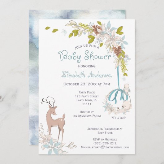 ウッドランドウォーター色フローラベビーシャワーボーイ 招待状 (正面/裏面)