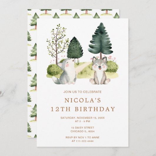 ウッドランドウルフバースデーパーティーの招待 招待状 (正面/裏面)