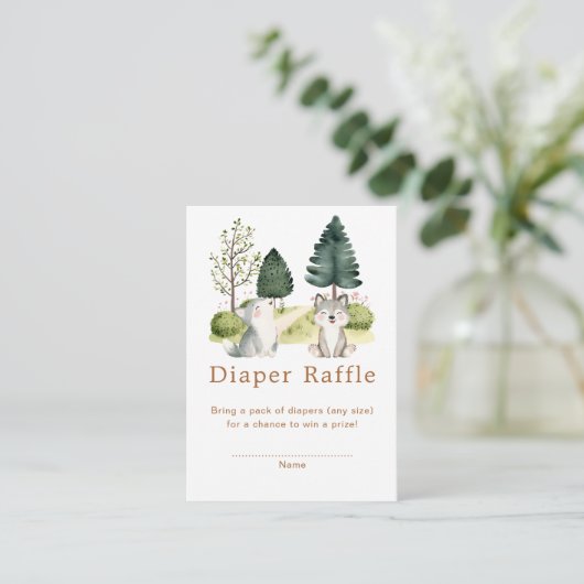 ウッドランドウルフ赤ちゃんシャワーおむつラッフル エンクロージャーカード (スタンド正面)
