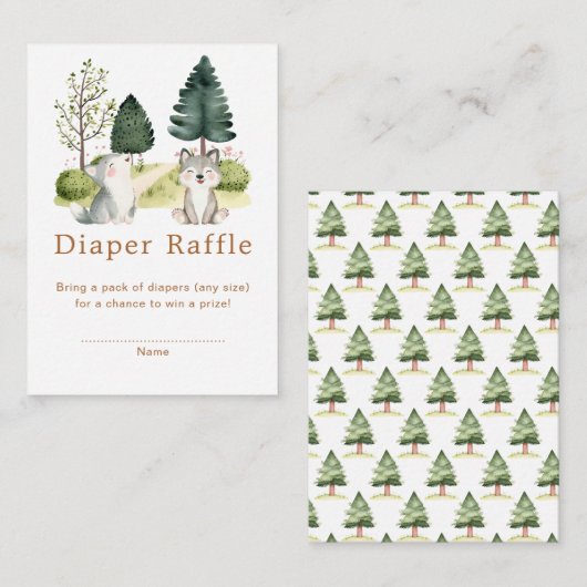 ウッドランドウルフ赤ちゃんシャワーおむつラッフル エンクロージャーカード (正面/裏面)