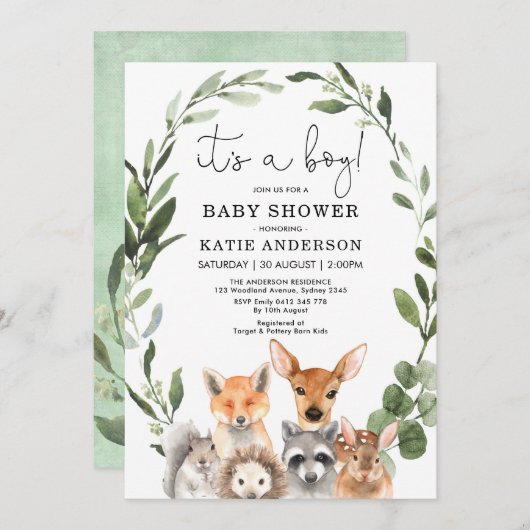 ウッドランドエレガントの緑の動物の赤ちゃんシャワー 招待状 (正面/裏面)