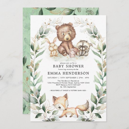ウッドランドエレガントアニマルベビーシャワー緑の金ゴールド 招待状 (正面/裏面)