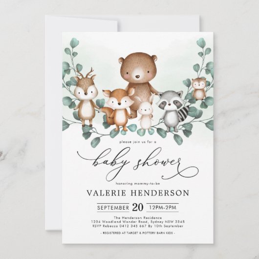 ウッドランドエレガントユーカリ緑の赤ちゃんシャワー 招待状 (正面)