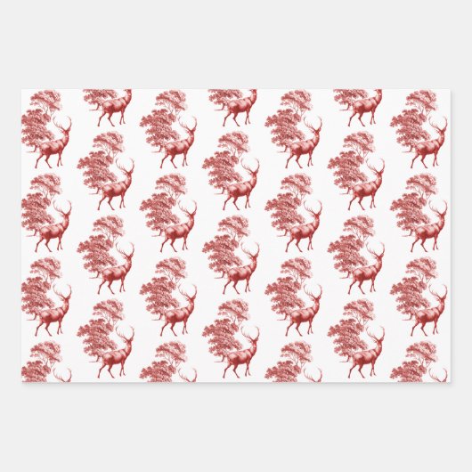ウッドランドエレガントレッドトイル模様のヴィンテージ鹿 ラッピングペーパーシート (正面3)