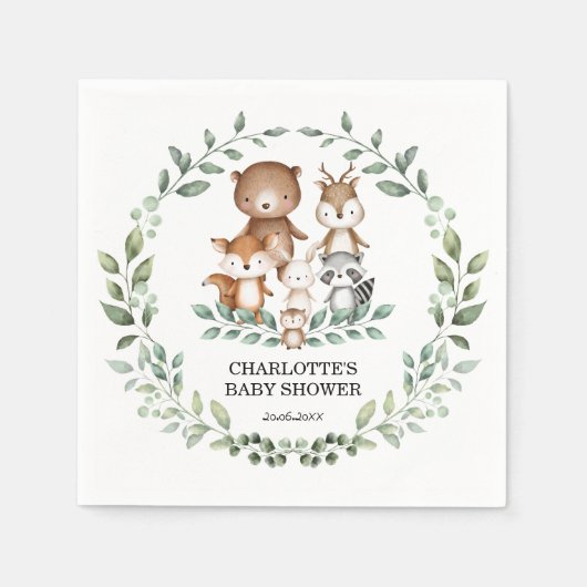 ウッドランドエレガント緑化動物編ベビーシャワー スタンダードカクテルナプキン (正面)