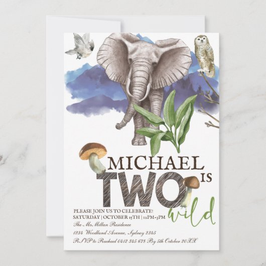 ウッドランドエレファントウォーターカラー第2誕生日 招待状 (正面)