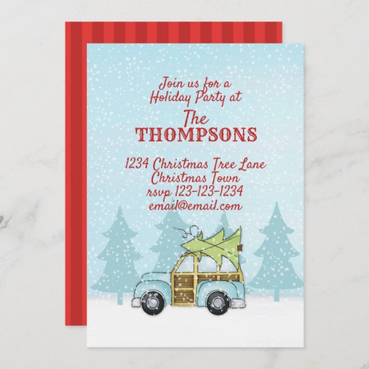 ウッドランドカーインスノーキュートホリデーお洒落パーティー 招待状 (正面/裏面)
