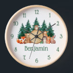 ウッドランドキッズルームかわいい森の動物の水色 壁時計<br><div class="desc">子供の部屋に。中央には木の丸太があり、水色の可愛い森の動物の群れに囲ま絵を描れている。丸太離れには赤いキツネと茶色のクマ、右には鹿とハリネズミ、リスとウサギ。ログにはフクロウがある。裏に緑の松の木がある。イラストレーションの下で子供の名前は書緑色である。時間の数字も緑。動物と松の木はOpenAIのDALL-E 2で生成される。私は私の世代を商業目的を含むあらゆる法的目的のために使用し、それらを私の作品に組み込む権利を持っている。</div>