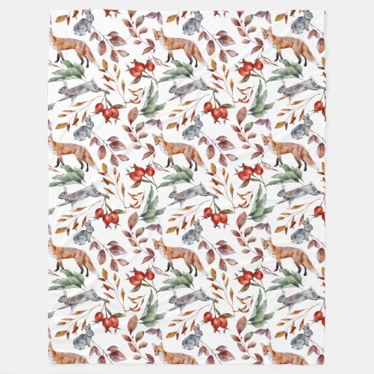 ウッドランドキツネとウサギ秋の葉 フリースブランケット (正面)