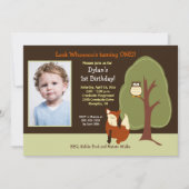 ウッドランドキツネとフクロウ任意の年齢の写真誕生日 招待状 (正面)