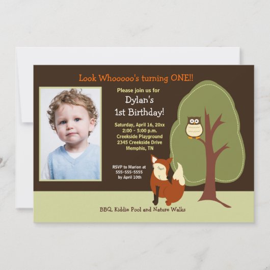 ウッドランドキツネとフクロウ任意の年齢の写真誕生日 招待状 (正面)