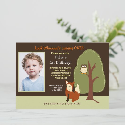 ウッドランドキツネとフクロウ任意の年齢の写真誕生日 招待状 (スタンド正面)