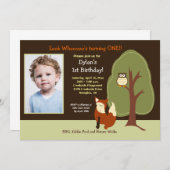 ウッドランドキツネとフクロウ任意の年齢の写真誕生日 招待状 (正面/裏面)