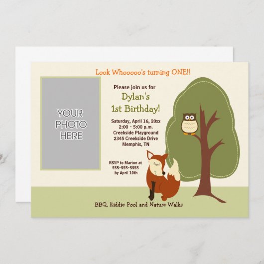 ウッドランドキツネとフクロウ*フォト*誕生日5 x 7 招待状 (正面/裏面)