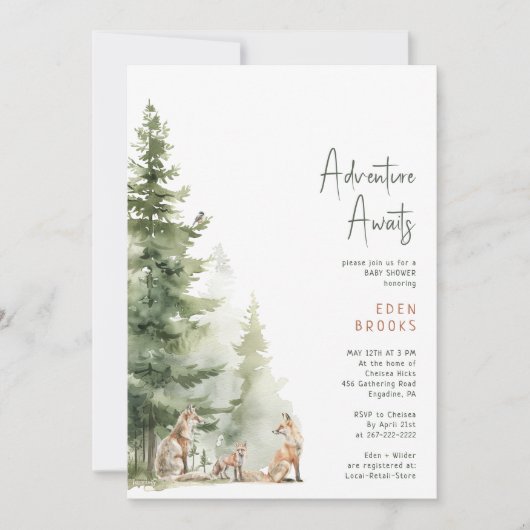 ウッドランドキツネアドベンチャーが赤ちゃんシャワーを待つ 招待状 (正面)