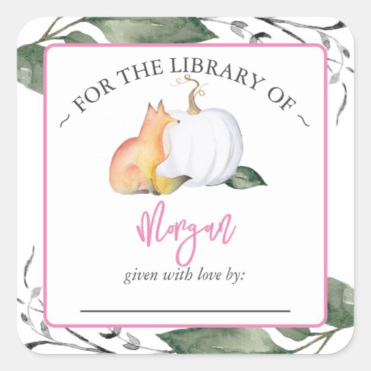 ウッドランドキツネカボチャ秋ベビーシャワー蔵書票 スクエアシール (正面)