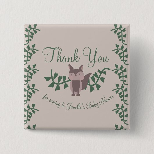 ウッドランドキツネグリーンリーベビーシャワー素朴ギフト 缶バッジ (正面)