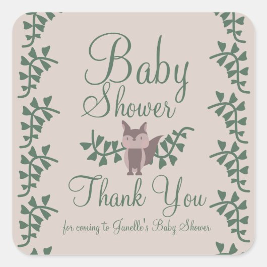 ウッドランドキツネグリーンリーベビーシャワー素朴 スクエアシール (正面)