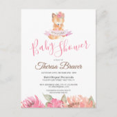 ウッドランドキツネピンクウォーターカラーフローラベビーシャワー ポストカード