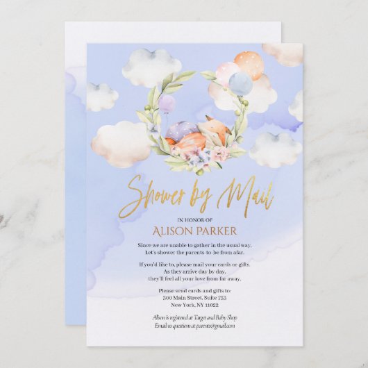 ウッドランドキツネブルースカイクラウド |メールによるベビーシャワー 招待状 (正面/裏面)