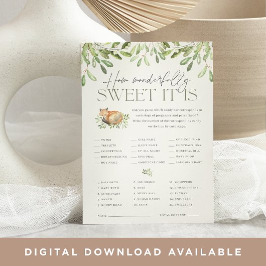 ウッドランドキツネベビーシャワーキャンディ推測ゲームカード 招待状