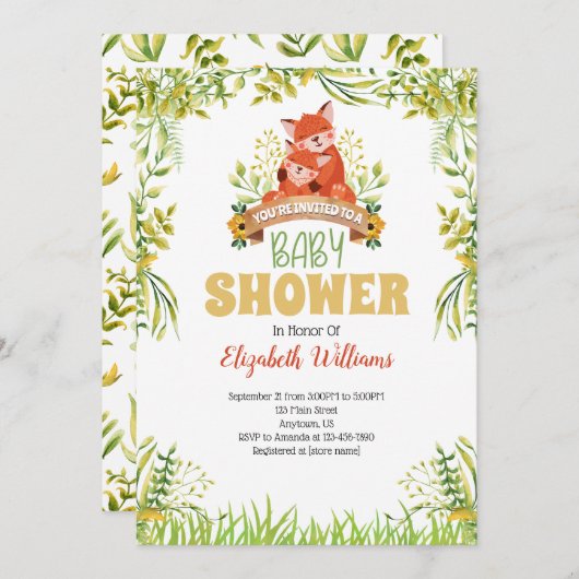 ウッドランドキツネベビーシャワー招待状 招待状 (正面/裏面)