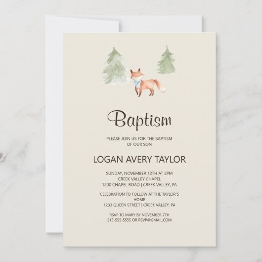 ウッドランドキツネボーイ赤ちゃんシャワーバプテスマ招待状 招待状 (正面)