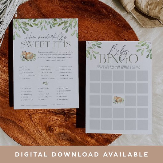 ウッドランドキツネ両面ベビシャワーゲームカード 招待状