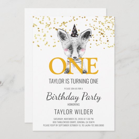 ウッドランドキツネ水彩1st誕生日招待状 招待状 (正面/裏面)