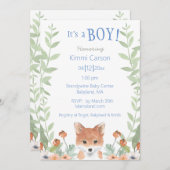 ウッドランドキツネ男の赤ちゃんスクリプトフローラベビーシャワー 招待状 (正面/裏面)